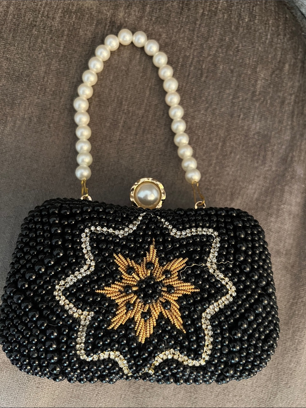 Beaded Black Evening Clutch with Pearl Handle